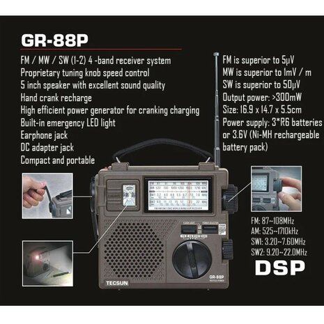Tecsun Mehrband-Weltradio / Notfallradio AM/FM/SW mit LED-Lampe und Batterie, Kurbelmechanismus, Laub gr&uuml;n