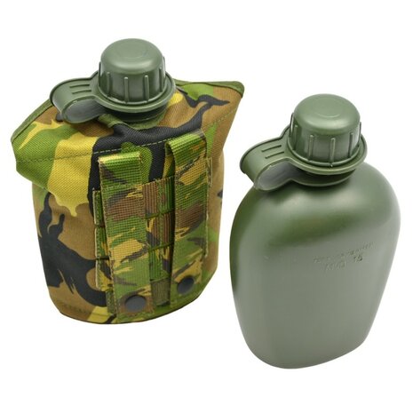 KL landmacht veldfles 1QT groen met Molle tas woodland DPM