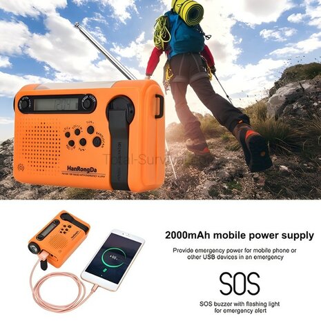 Hanrongda HRD-900 multiband world radio / emergency radio AM/FM/SW, wind-up, orange