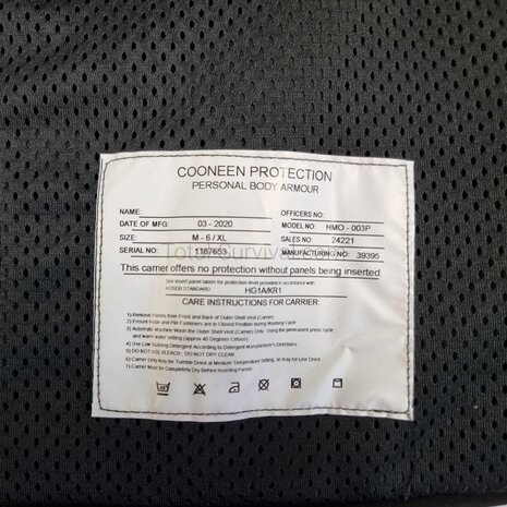 Cooneen Defence soft armour body vest ballistisch klasse HGA1+KR1, zwart