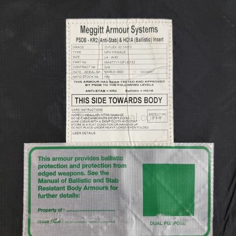 Meggitt Protective Body Armour Insert set (Voor/Achter), kevlar HG1A+KR2