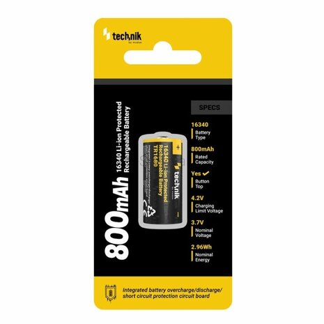 Technik 16340 RCR123 800 mAh 3.7V PCM button top li-ion oplaadbare batterij