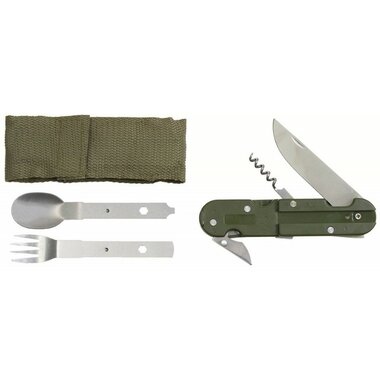 MFH Zakmes / Eetbestek set 3-delig RVS met tas, legergroen